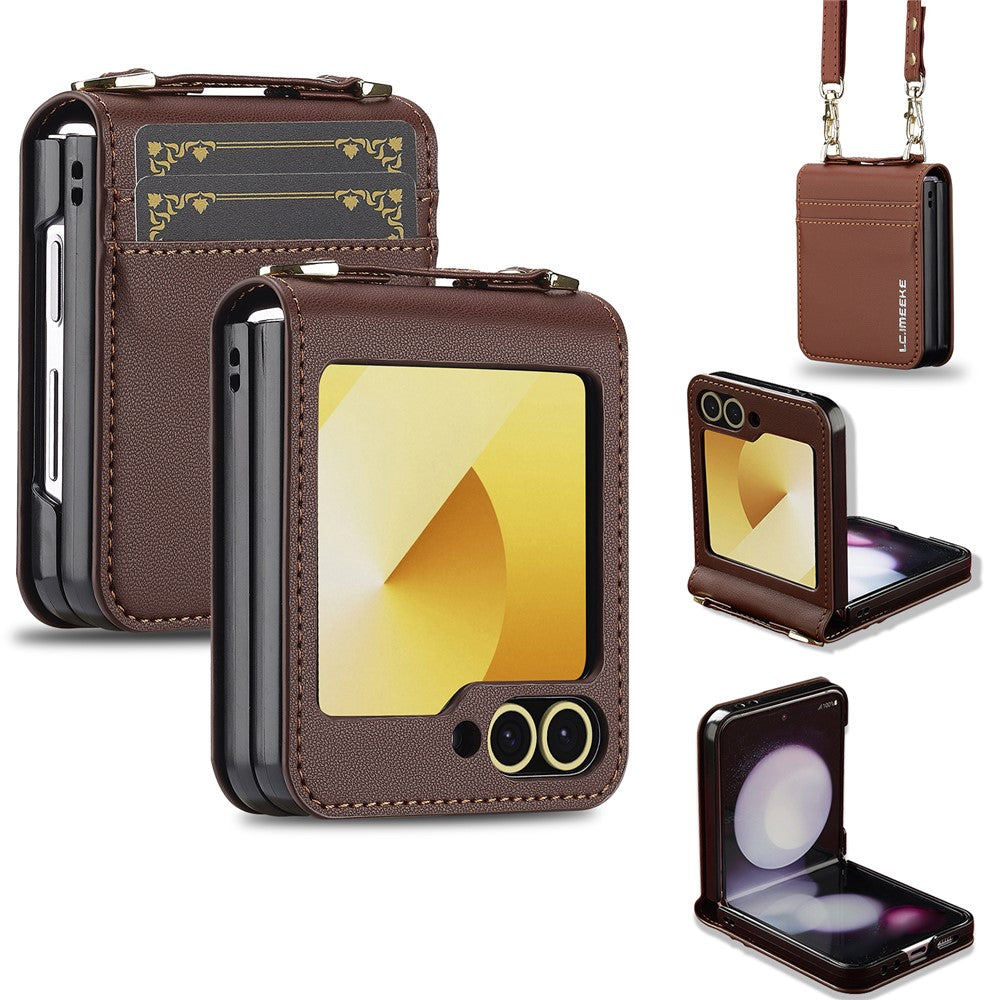 LC.IMEEKE for Samsung Galaxy Z Flip7 FE 5G / Z Flip6 5G Case Leather+PC Phone Cover with Straps Card Slots