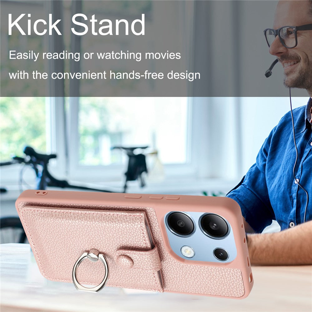 For Xiaomi Redmi Note 13 4G Case Drawing Type Card Slots Litchi Texture Leather Back Cover with Ring Kickstand