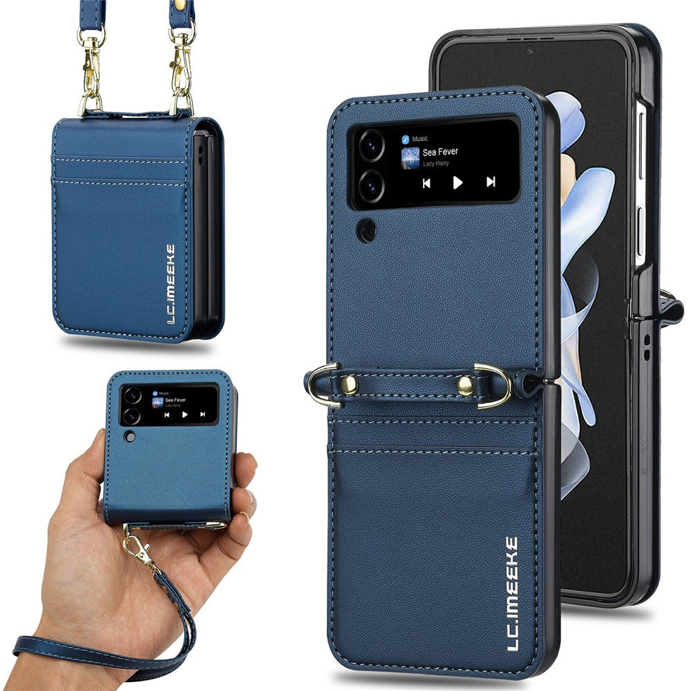 LC.IMEEKE L1 for Samsung Galaxy Z Flip4 5G Case Leather+PC Phone Cover with Straps Card Slots