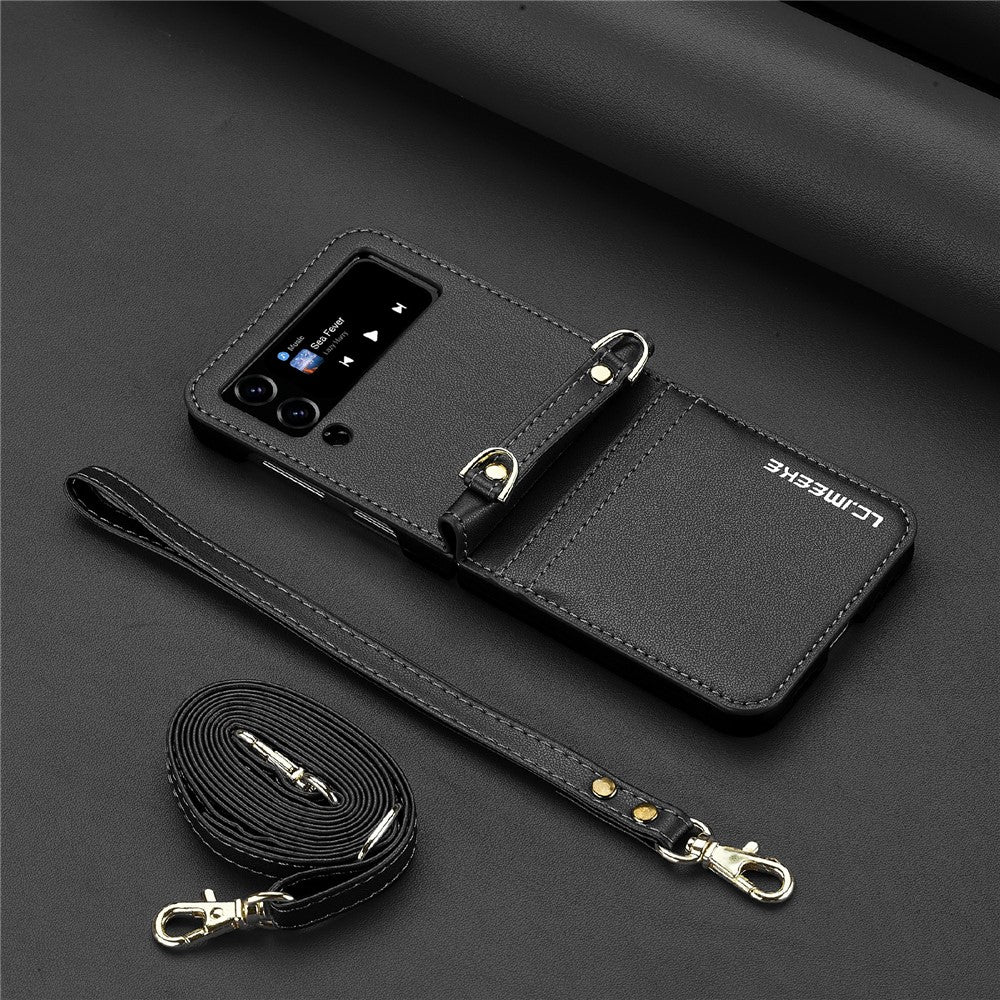 LC.IMEEKE L1 for Samsung Galaxy Z Flip4 5G Case Leather+PC Phone Cover with Straps Card Slots