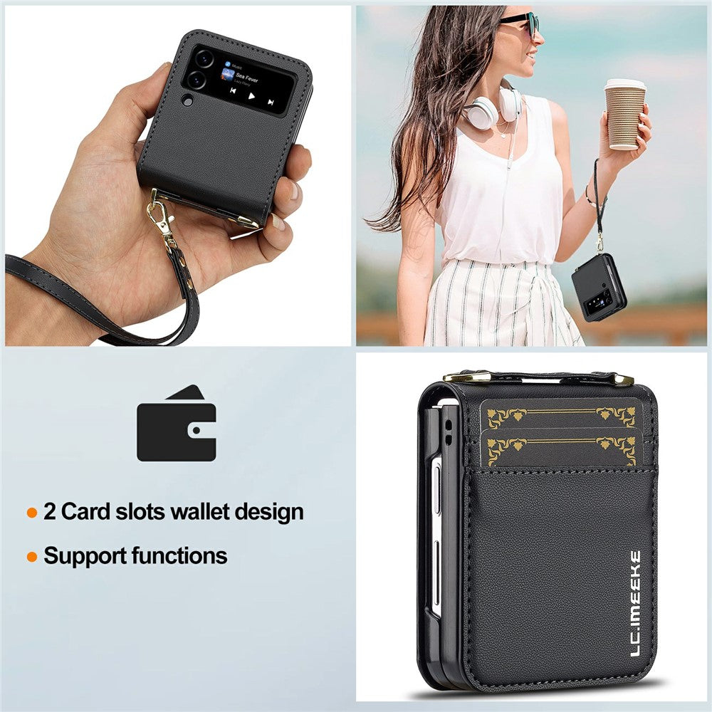 LC.IMEEKE L1 for Samsung Galaxy Z Flip4 5G Case Leather+PC Phone Cover with Straps Card Slots
