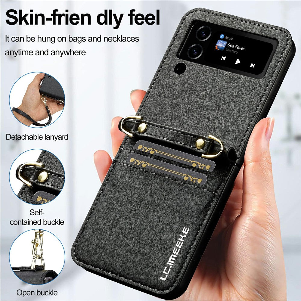 LC.IMEEKE L1 for Samsung Galaxy Z Flip4 5G Case Leather+PC Phone Cover with Straps Card Slots