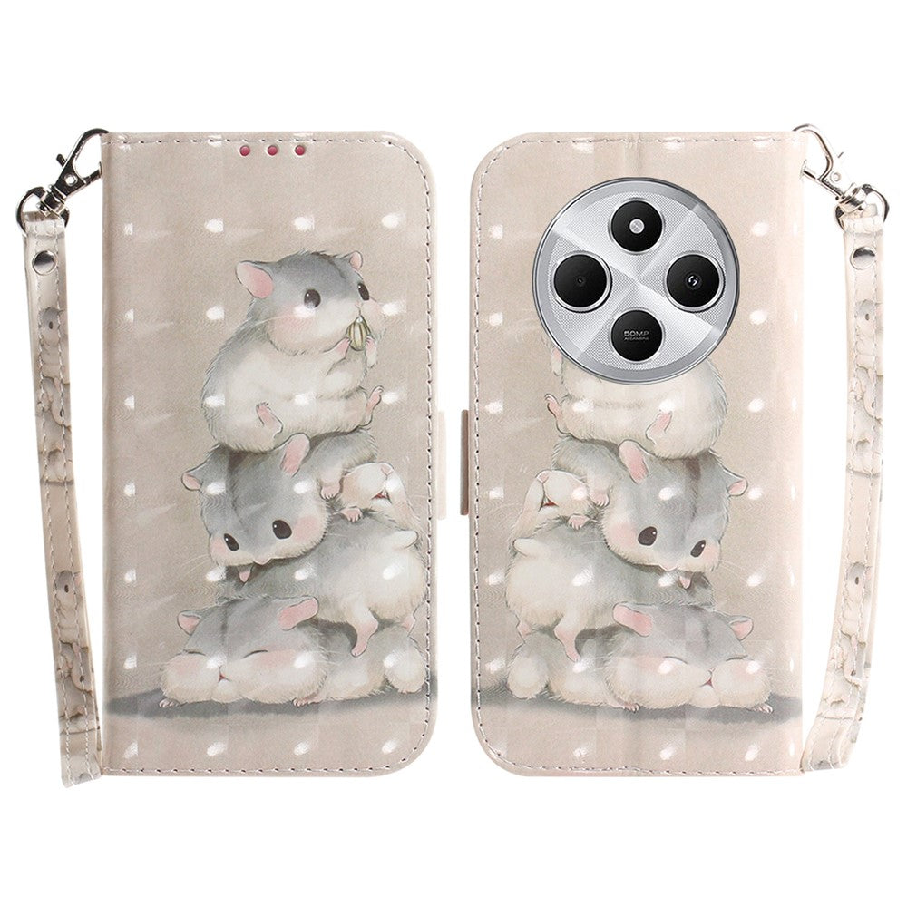 For Xiaomi Poco C75 4G / Redmi 14R 5G / 14C 4G Case Pattern Printing Leather Wallet Phone Cover with Wrist Strap