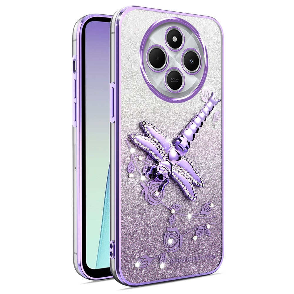 KADEM For Xiaomi Poco C75 4G / Redmi 14R 5G / 14C 4G Case Dragonfly Kickstand TPU Flowers Glitter Phone Cover