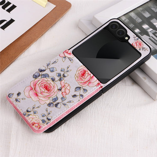 Galaxy Z Flip7 FE 5G / Galaxy Z Flip5 5G / Galaxy Z Flip6 5G – Handyhülle aus PU-Leder und TPU, mit Kartenfach, mit Blumenmotiv