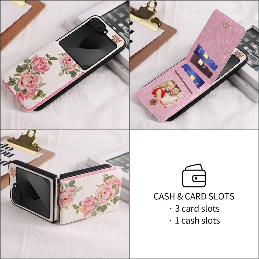 For Samsung Galaxy Z Flip7 FE 5G / Z Flip6 5G / Flip5 5G Case Flower Pattern PU+TPU Phone Cover Card Slots