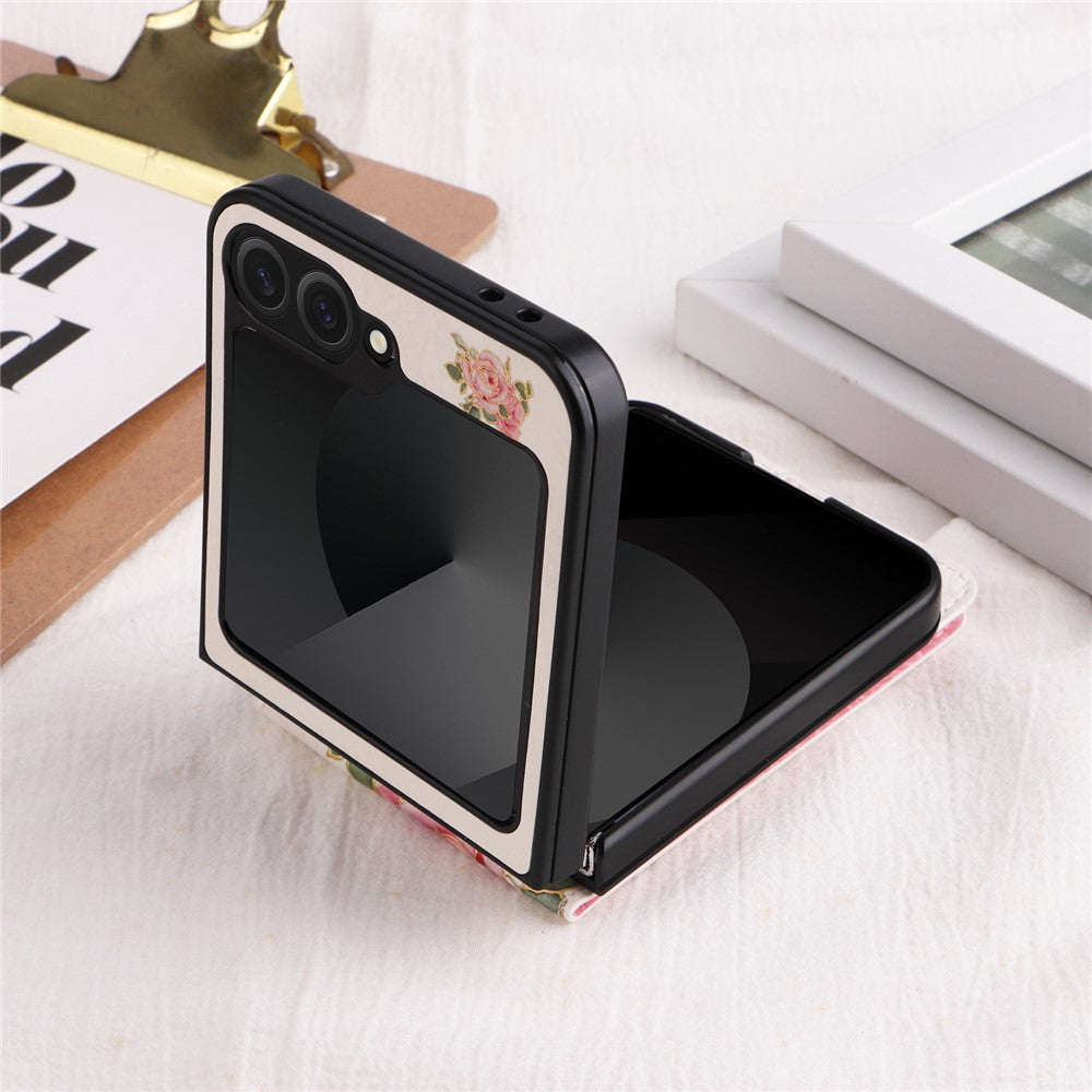 For Samsung Galaxy Z Flip7 FE 5G / Z Flip6 5G / Flip5 5G Case Flower Pattern PU+TPU Phone Cover Card Slots