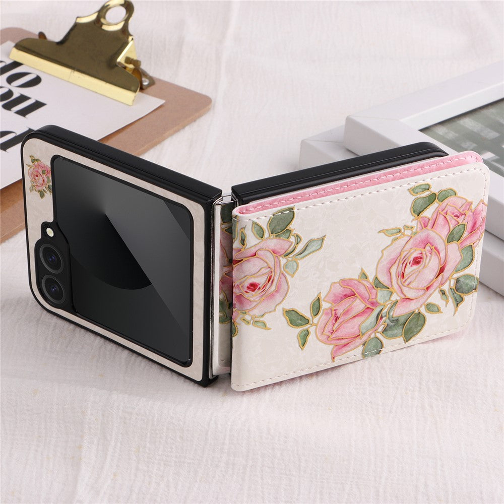 For Samsung Galaxy Z Flip7 FE 5G / Z Flip6 5G / Flip5 5G Case Flower Pattern PU+TPU Phone Cover Card Slots