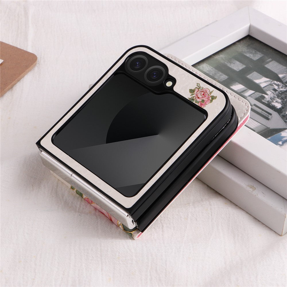 For Samsung Galaxy Z Flip7 FE 5G / Z Flip6 5G / Flip5 5G Case Flower Pattern PU+TPU Phone Cover Card Slots
