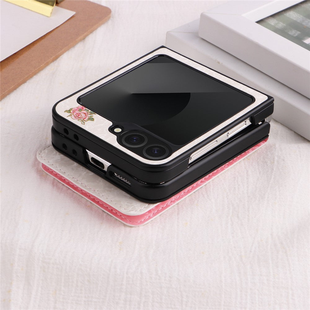For Samsung Galaxy Z Flip7 FE 5G / Z Flip6 5G / Flip5 5G Case Flower Pattern PU+TPU Phone Cover Card Slots
