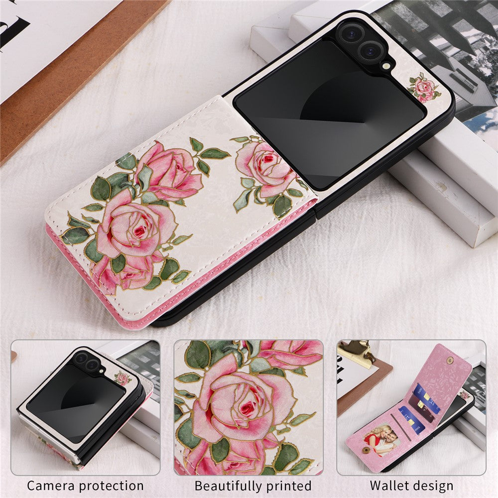 For Samsung Galaxy Z Flip7 FE 5G / Z Flip6 5G / Flip5 5G Case Flower Pattern PU+TPU Phone Cover Card Slots