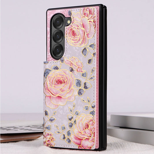 Galaxy Z Fold6 5G – Handyhülle aus PU-Leder und TPU, mit Ständer, mit Kartenfach, mit RFID-Schutz, mit Blumenmotiv