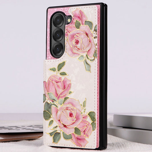 Galaxy Z Fold6 5G – Handyhülle aus PU-Leder und TPU, mit Ständer, mit Kartenfach, mit RFID-Schutz, mit Blumenmotiv