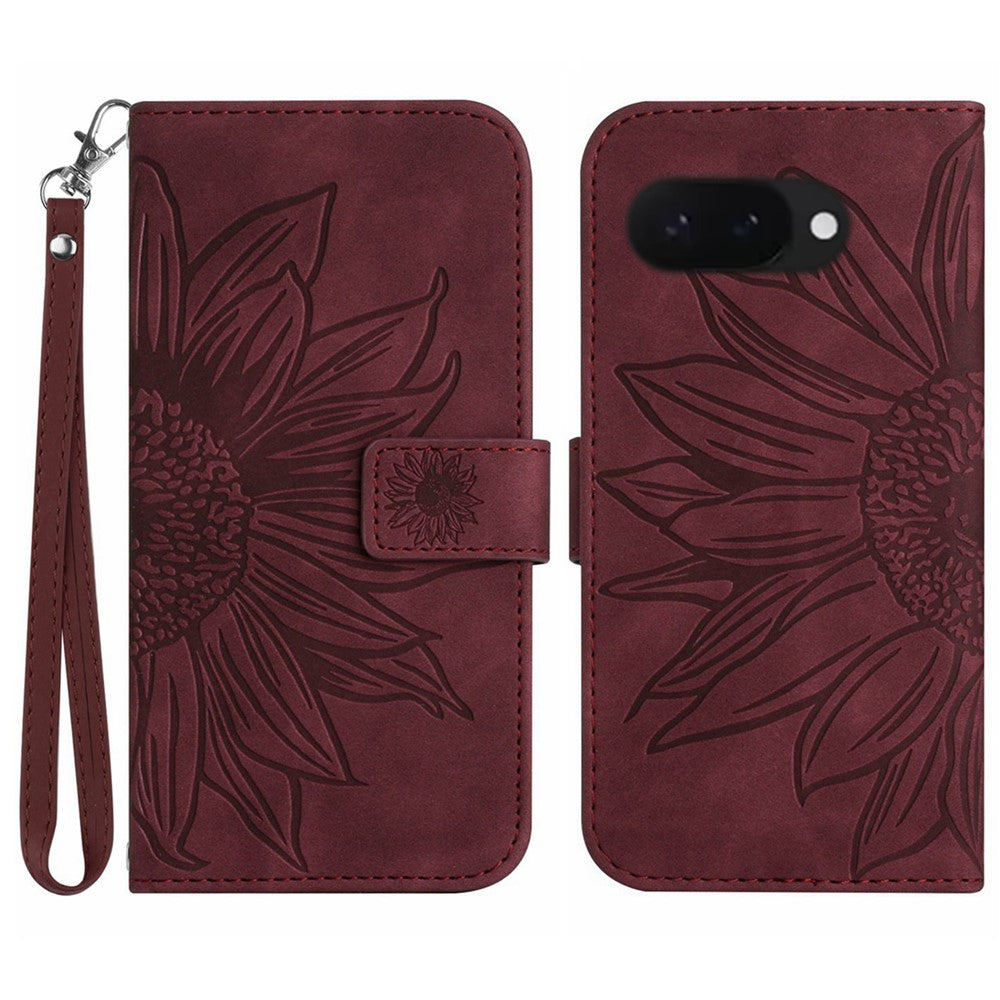 Pixel 9a Wallet-Hülle – Sonnenblume aufgedruckt, mit Ständer & Riemen