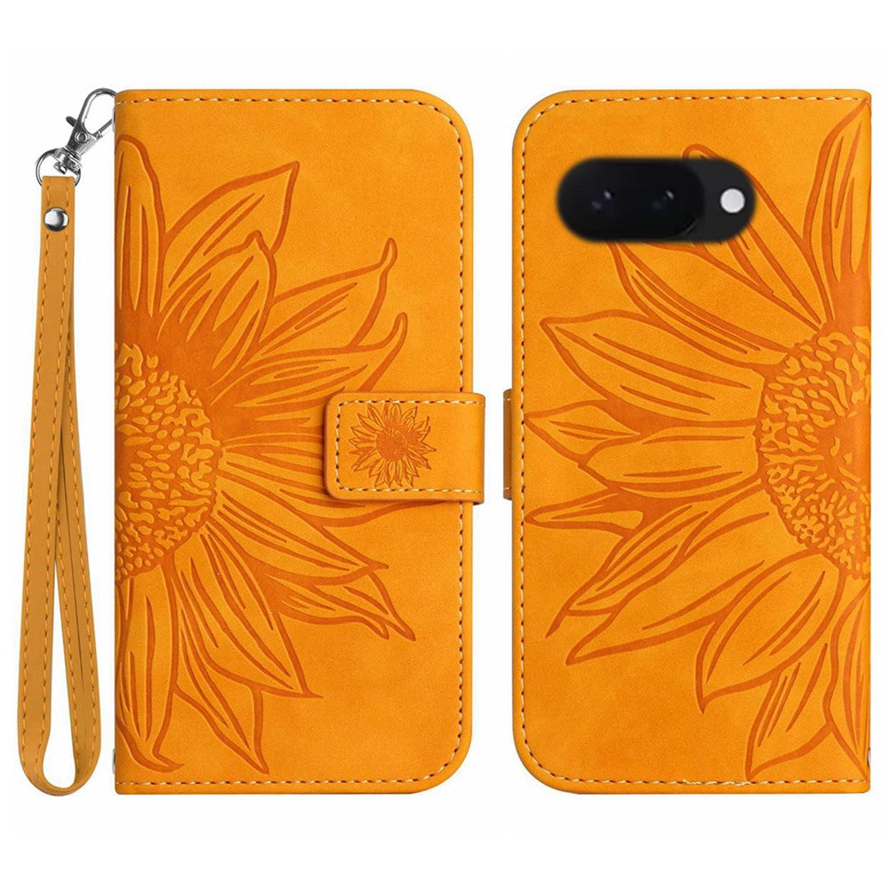 Pixel 9a Wallet-Hülle – Sonnenblume aufgedruckt, mit Ständer & Riemen