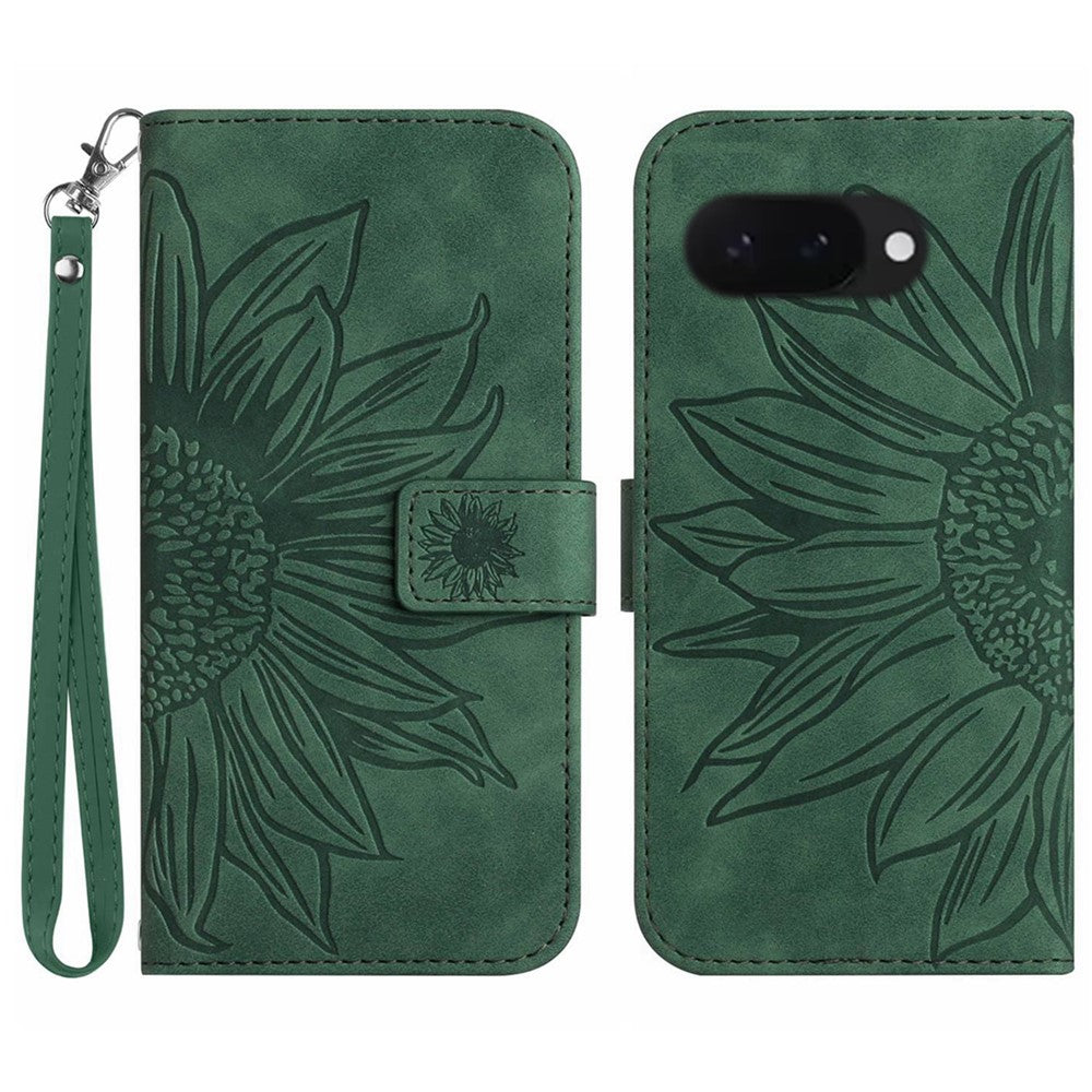 Pixel 9a Wallet-Hülle – Sonnenblume aufgedruckt, mit Ständer & Riemen