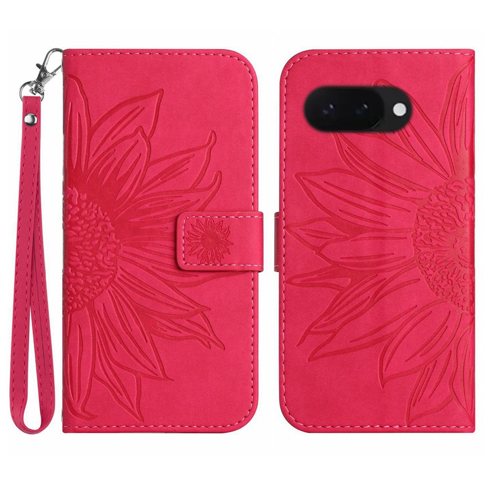 Pixel 9a Wallet-Hülle – Sonnenblume aufgedruckt, mit Ständer & Riemen
