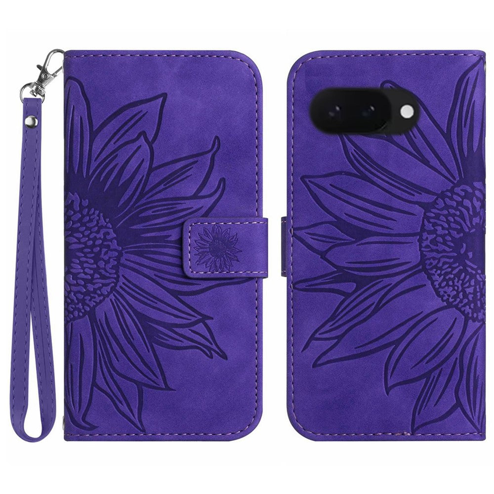 Pixel 9a Wallet-Hülle – Sonnenblume aufgedruckt, mit Ständer & Riemen