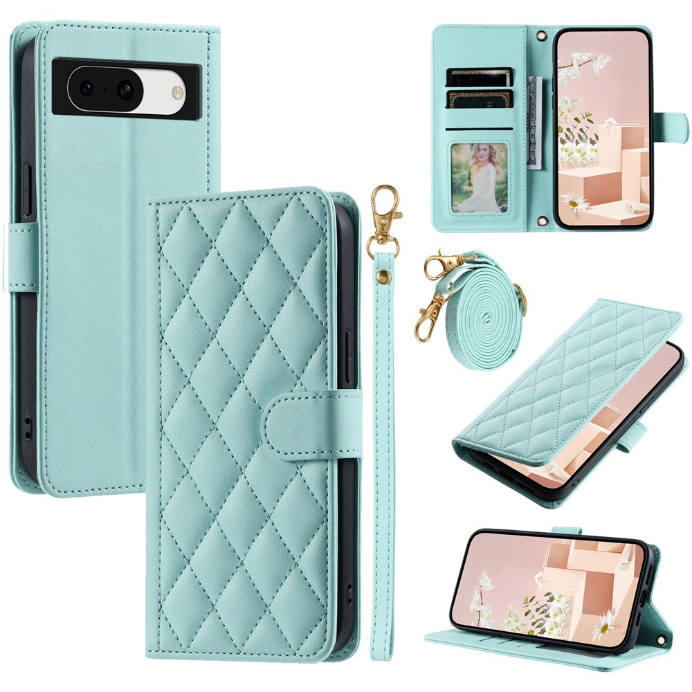 Pixel 8a Wallet-Hülle – Rautenmuster mit Geldbörsenfunktion & Riemen