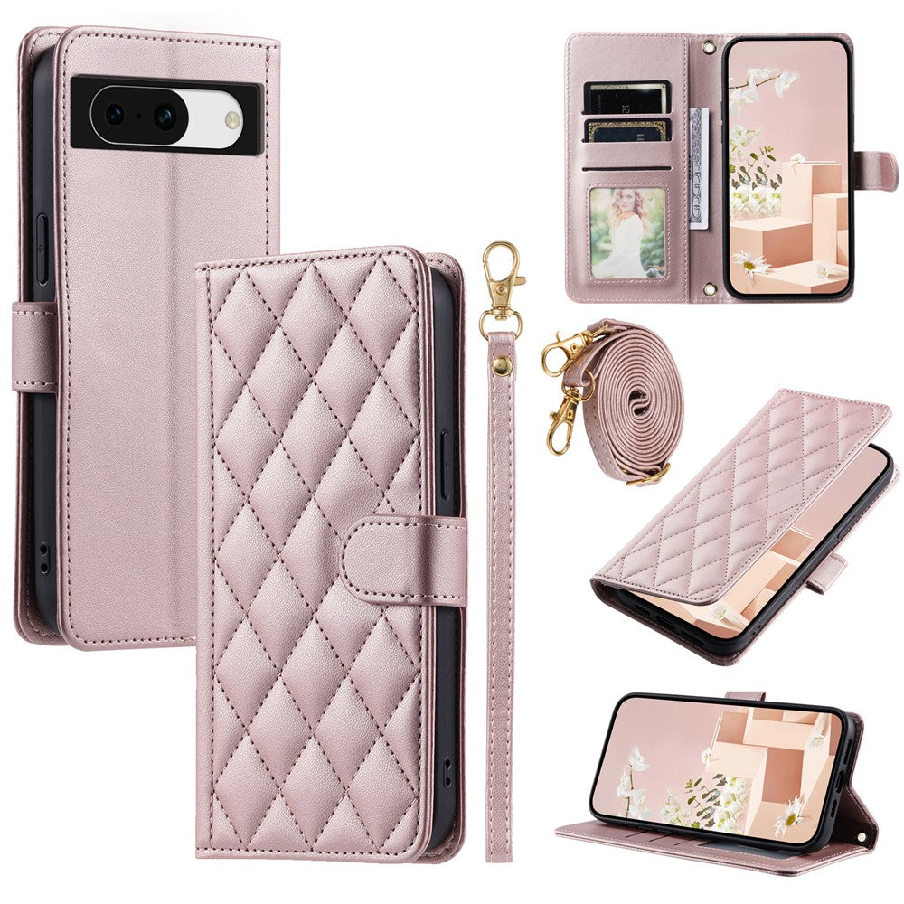 Pixel 8a Wallet-Hülle – Rautenmuster mit Geldbörsenfunktion & Riemen