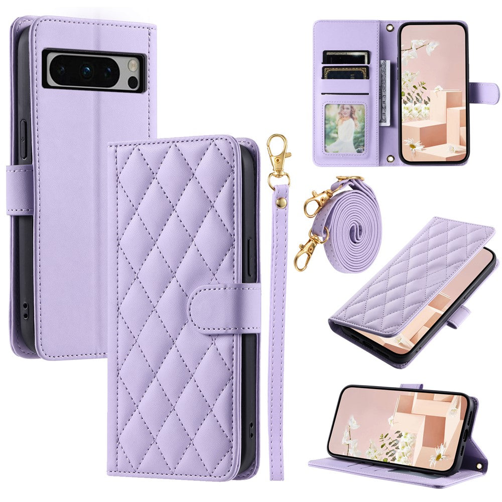Pixel 8 Pro Wallet-Hülle – Rautenmuster mit Geldbörsenfunktion & Riemen