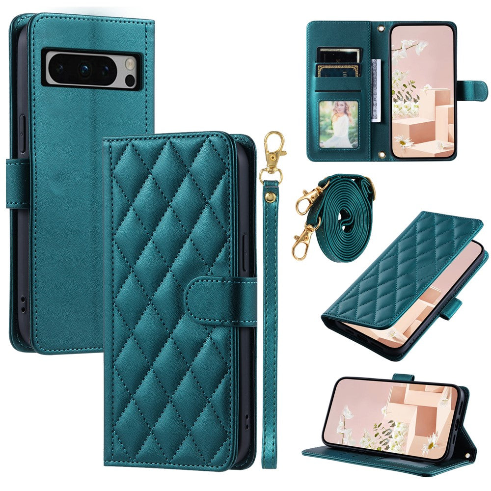 Pixel 8 Pro Wallet-Hülle – Rautenmuster mit Geldbörsenfunktion & Riemen