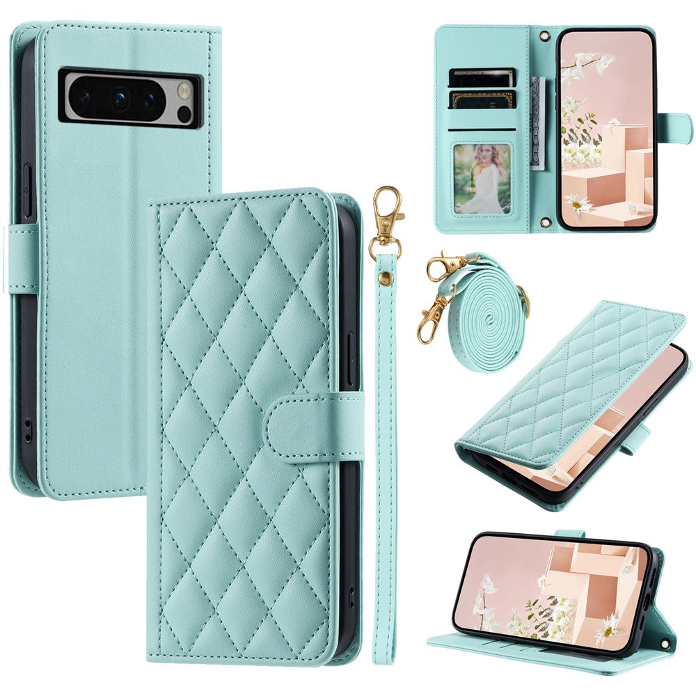 Pixel 8 Pro Wallet-Hülle – Rautenmuster mit Geldbörsenfunktion & Riemen