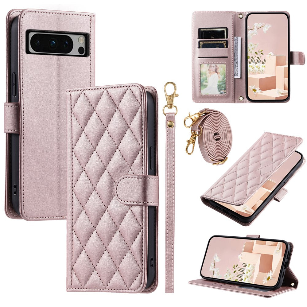 Pixel 8 Pro Wallet-Hülle – Rautenmuster mit Geldbörsenfunktion & Riemen