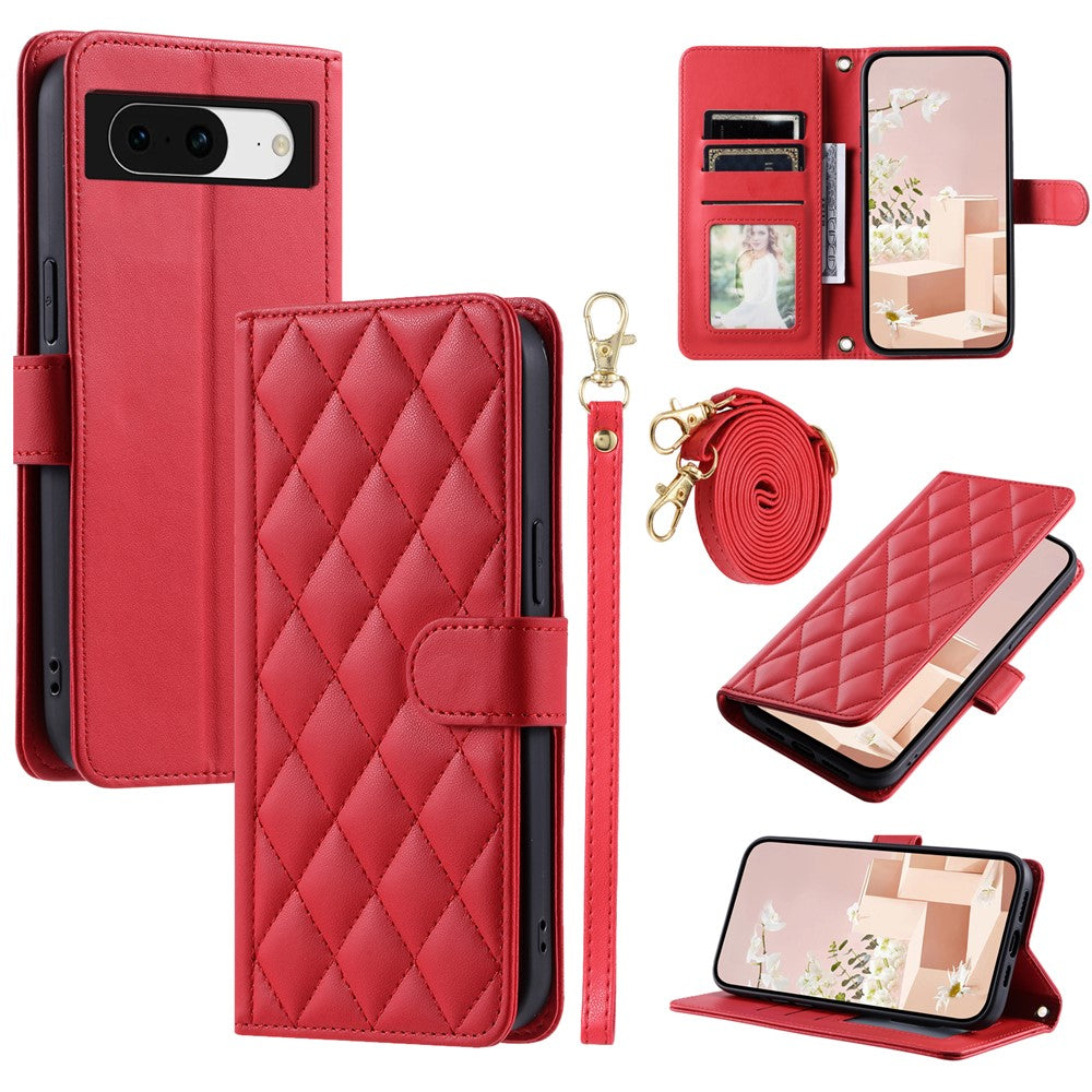 Pixel 8 Wallet-Hülle – Rautenmuster mit Geldbörsenfunktion & Riemen