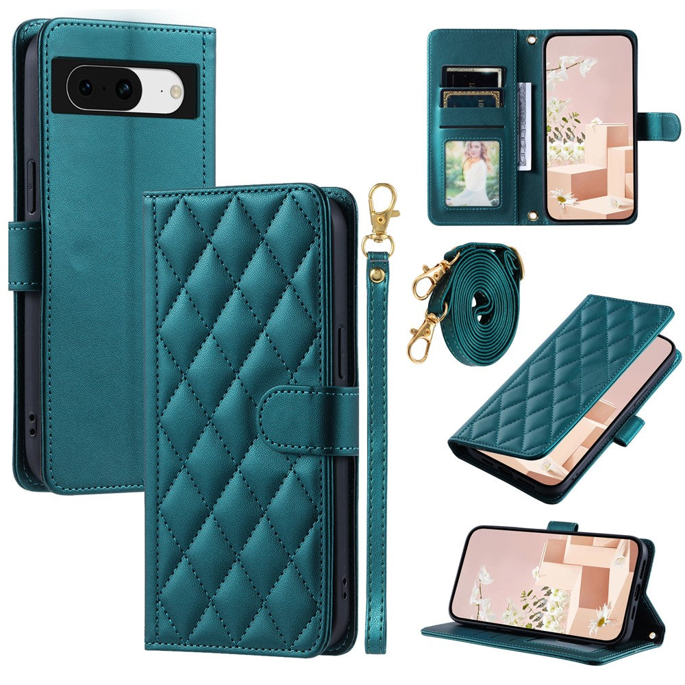 Pixel 8 Wallet-Hülle – Rautenmuster mit Geldbörsenfunktion & Riemen