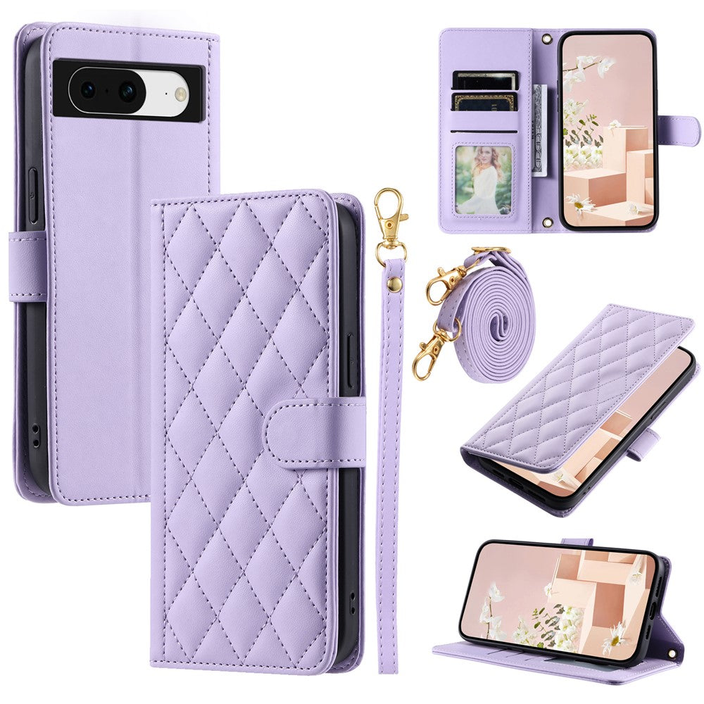 Pixel 8 Wallet-Hülle – Rautenmuster mit Geldbörsenfunktion & Riemen