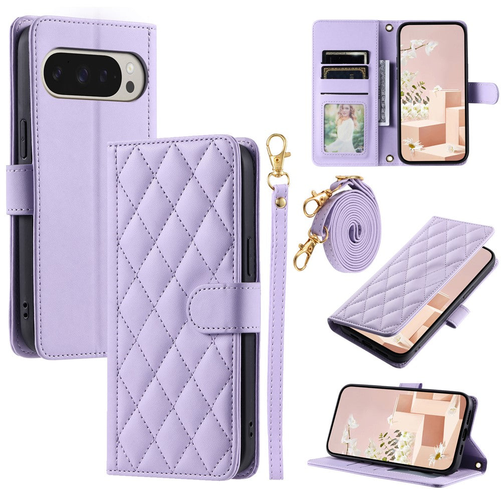 Pixel 9 Pro XL Wallet-Hülle – Rautenmuster mit Geldbörsenfunktion & Riemen