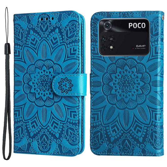 For Xiaomi Poco M4 Pro 4G Sunflower Imprinted Phone Case PU Leather Wallet Stand Scratch-resistant Flip Phone Cover with Wrist Strap