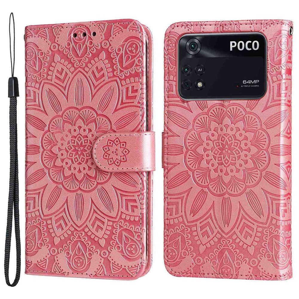 For Xiaomi Poco M4 Pro 4G Sunflower Imprinted Phone Case PU Leather Wallet Stand Scratch-resistant Flip Phone Cover with Wrist Strap