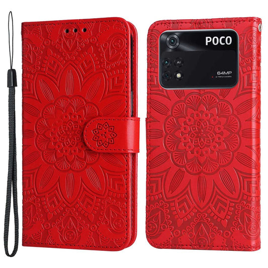For Xiaomi Poco M4 Pro 4G Sunflower Imprinted Phone Case PU Leather Wallet Stand Scratch-resistant Flip Phone Cover with Wrist Strap
