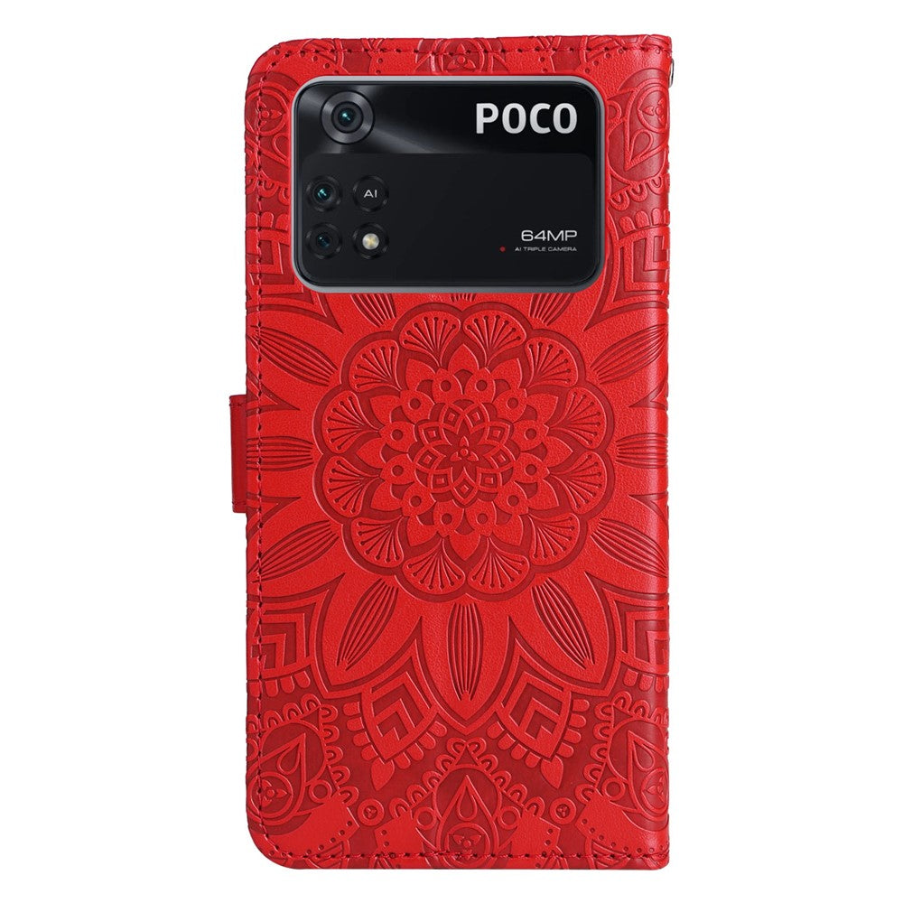 For Xiaomi Poco M4 Pro 4G Sunflower Imprinted Phone Case PU Leather Wallet Stand Scratch-resistant Flip Phone Cover with Wrist Strap