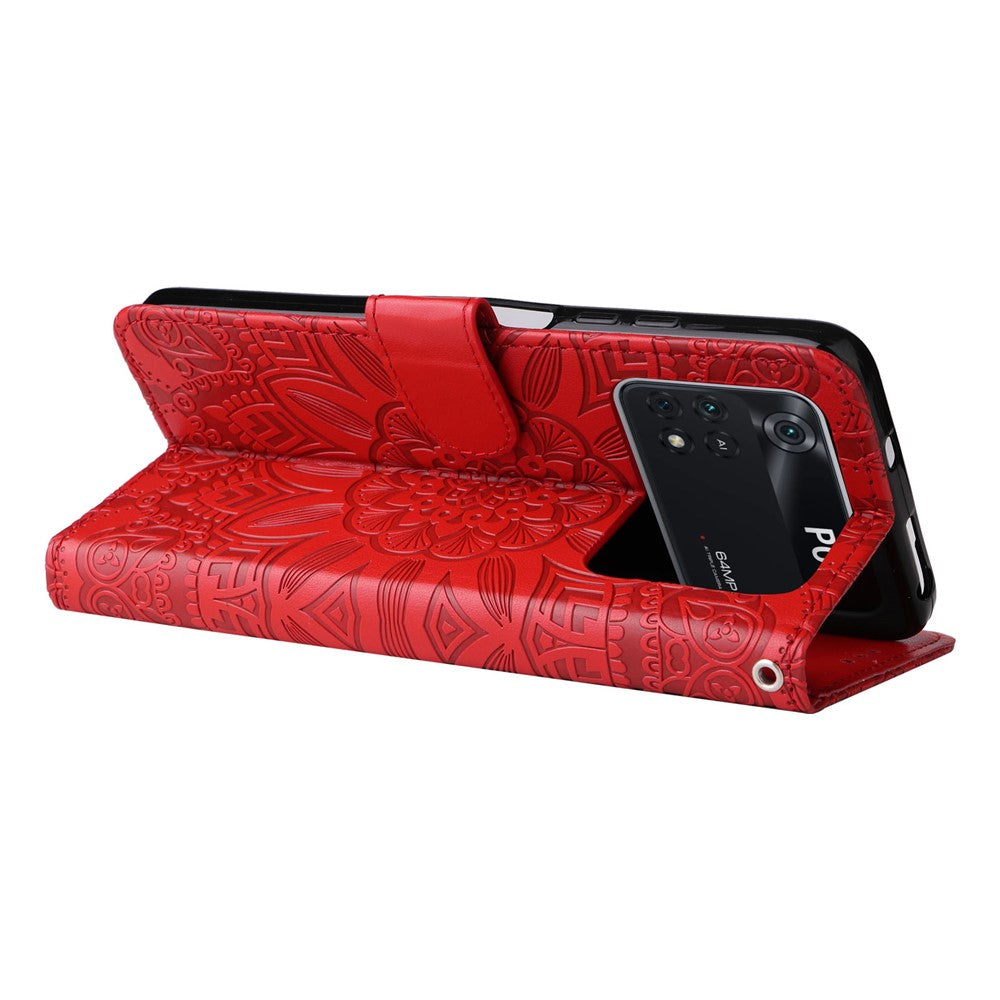 For Xiaomi Poco M4 Pro 4G Sunflower Imprinted Phone Case PU Leather Wallet Stand Scratch-resistant Flip Phone Cover with Wrist Strap
