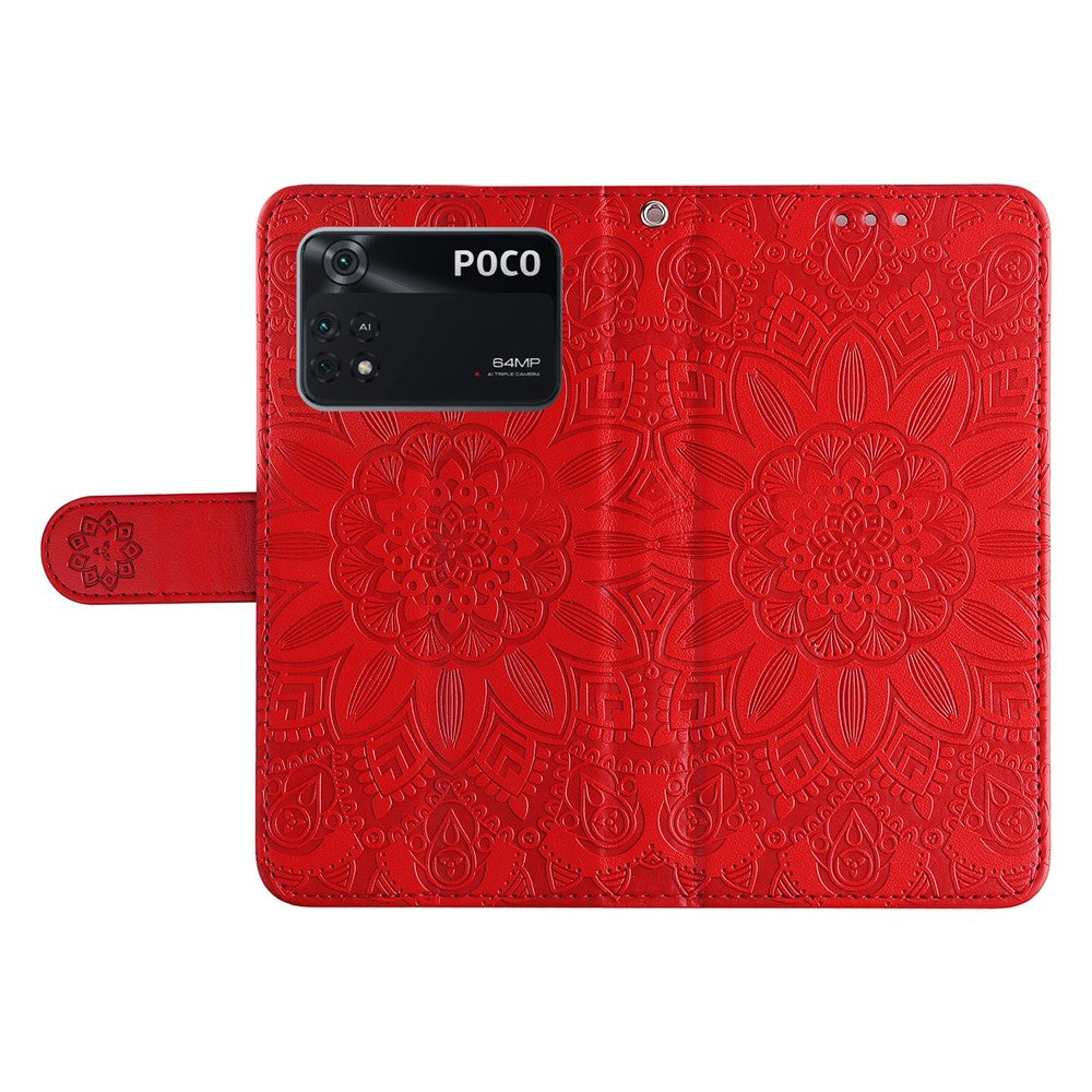 For Xiaomi Poco M4 Pro 4G Sunflower Imprinted Phone Case PU Leather Wallet Stand Scratch-resistant Flip Phone Cover with Wrist Strap