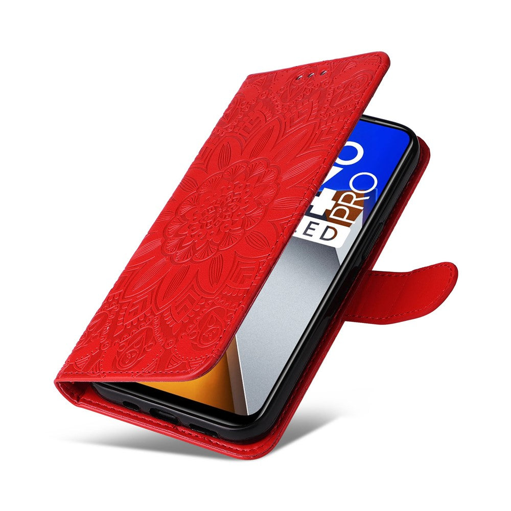 For Xiaomi Poco M4 Pro 4G Sunflower Imprinted Phone Case PU Leather Wallet Stand Scratch-resistant Flip Phone Cover with Wrist Strap