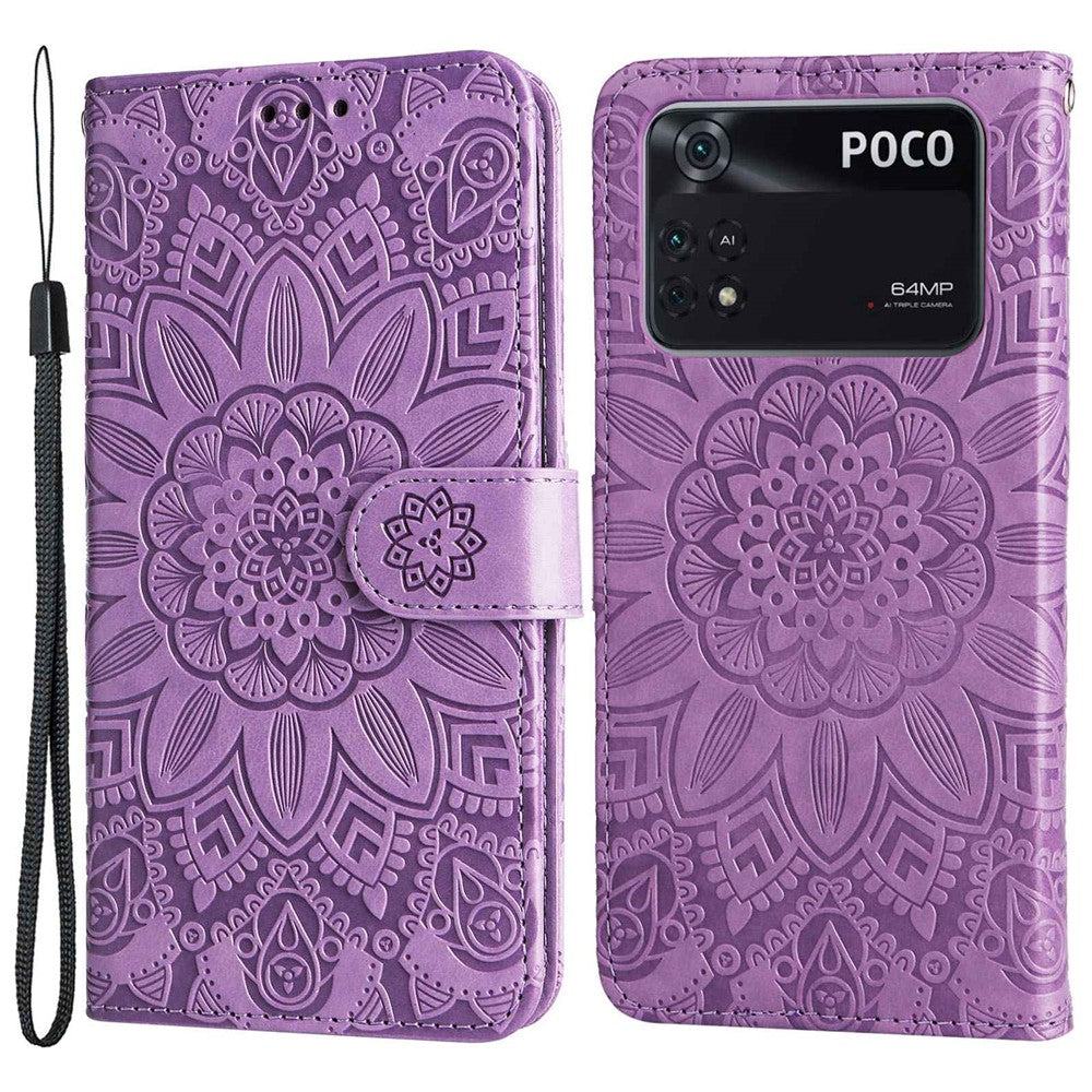 For Xiaomi Poco M4 Pro 4G Sunflower Imprinted Phone Case PU Leather Wallet Stand Scratch-resistant Flip Phone Cover with Wrist Strap