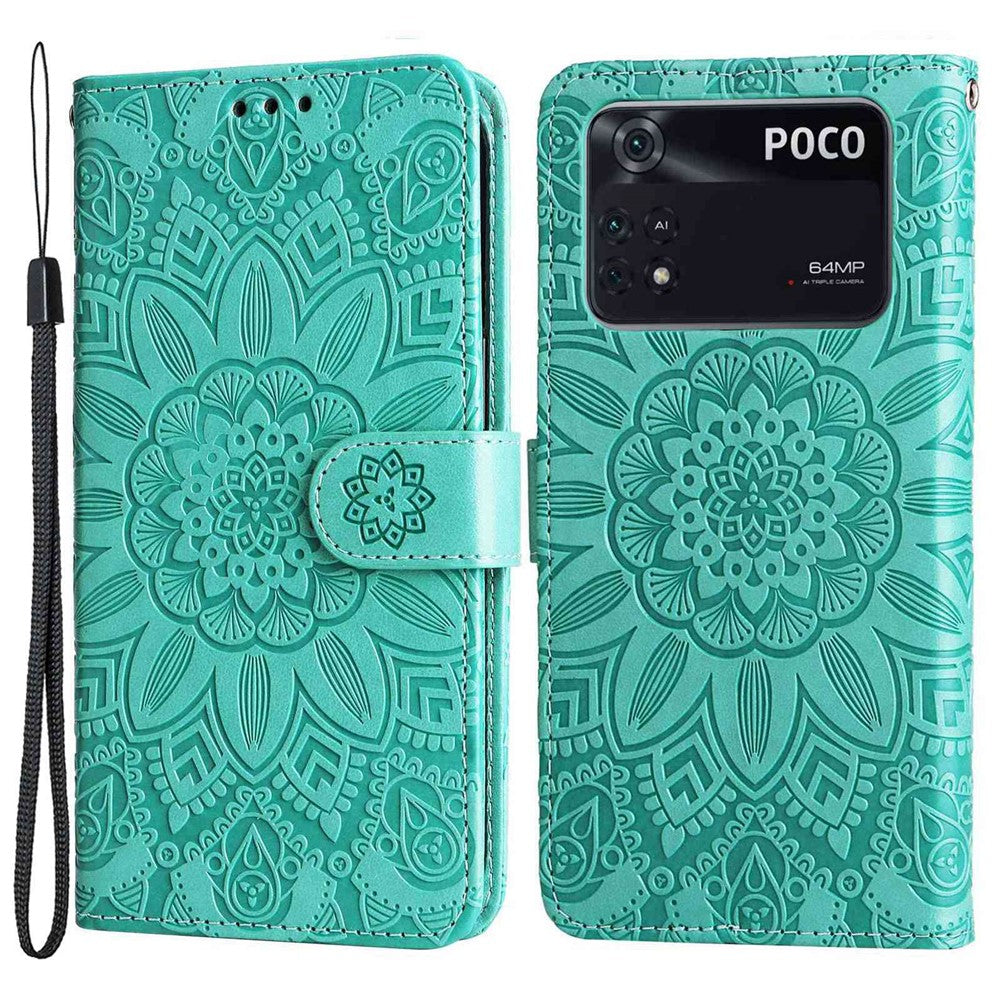 For Xiaomi Poco M4 Pro 4G Sunflower Imprinted Phone Case PU Leather Wallet Stand Scratch-resistant Flip Phone Cover with Wrist Strap