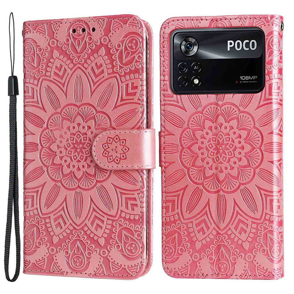 For Xiaomi Poco X4 Pro 5G PU Leather Flip Wallet Case Sunflower Imprinted Stand Bookstyle Magnetic Protective Cover with Hand Strap