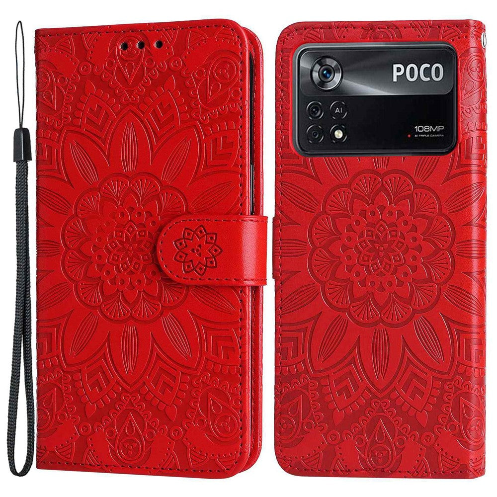 For Xiaomi Poco X4 Pro 5G PU Leather Flip Wallet Case Sunflower Imprinted Stand Bookstyle Magnetic Protective Cover with Hand Strap