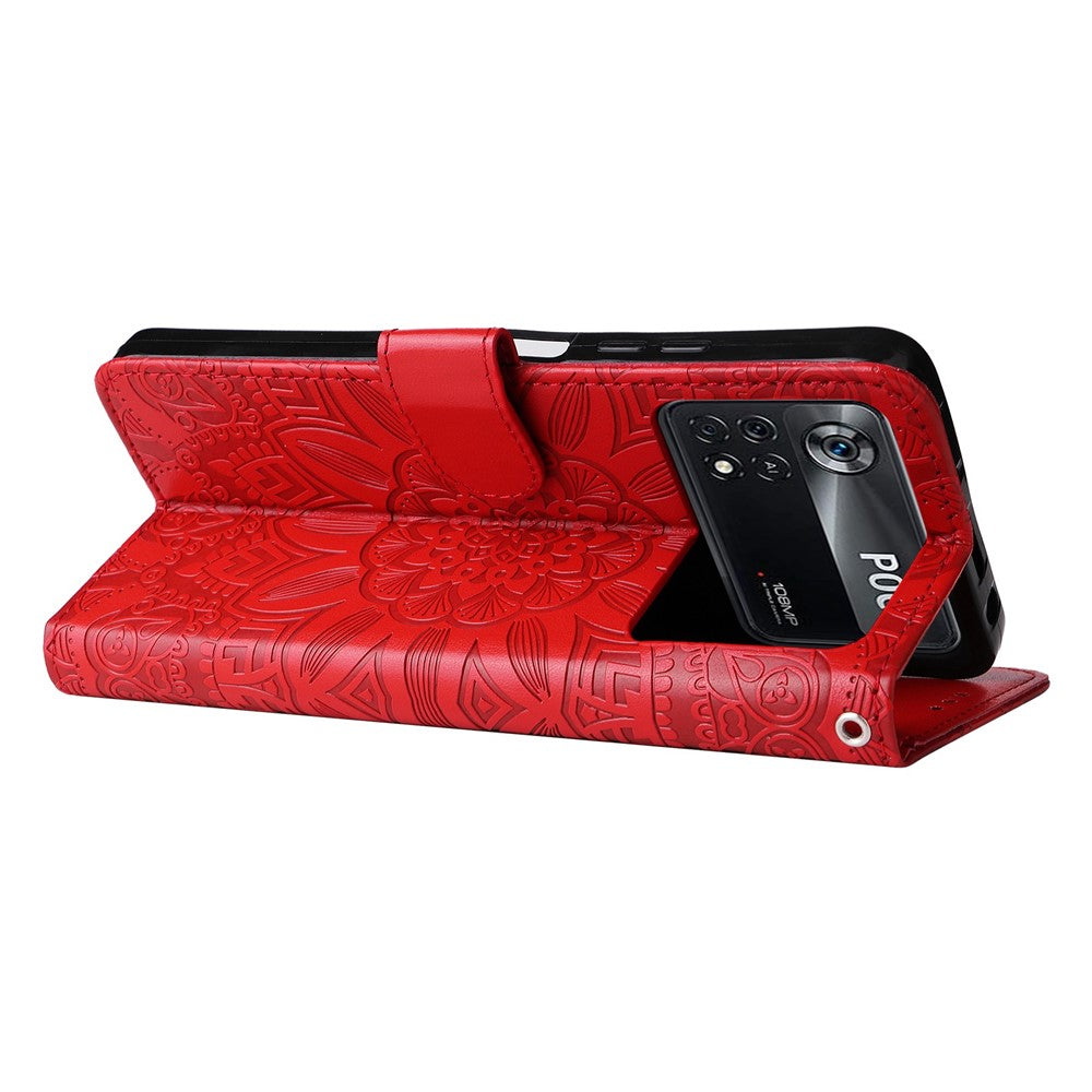 For Xiaomi Poco X4 Pro 5G PU Leather Flip Wallet Case Sunflower Imprinted Stand Bookstyle Magnetic Protective Cover with Hand Strap