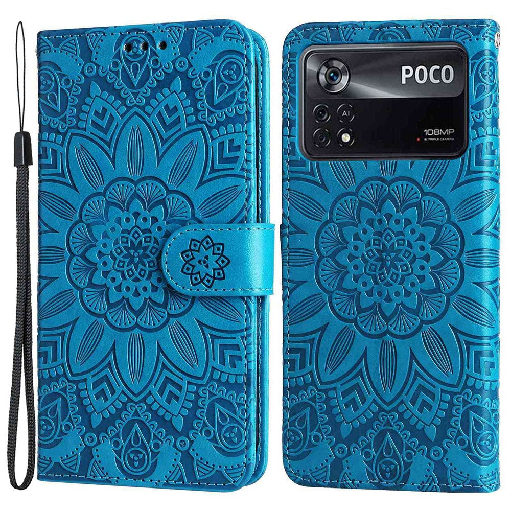 For Xiaomi Poco X4 Pro 5G PU Leather Flip Wallet Case Sunflower Imprinted Stand Bookstyle Magnetic Protective Cover with Hand Strap