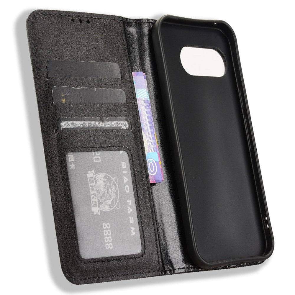 Pixel 9a Lederhülle – Mit Brieftaschenfunktion, Ständer & Retro-Textur