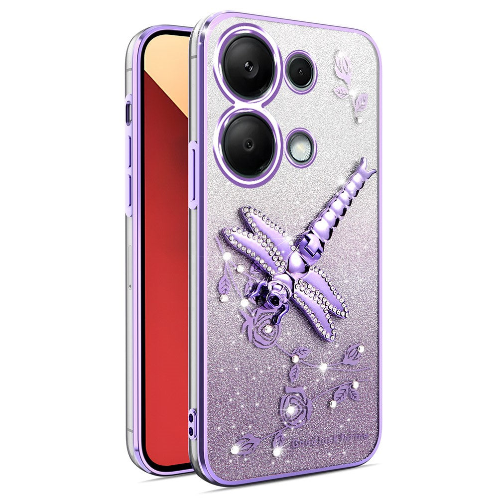 KADEM For Xiaomi Redmi Note 13 Pro 4G / Poco M6 Pro 4G Case Dragonfly Kickstand TPU Flowers Glitter Phone Cover