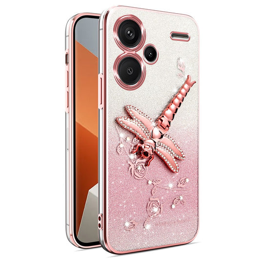 Xiaomi Redmi Note 13 Pro+ 5G Handyhülle – KADEM Libelle Ständer TPU Blumen Glitzer