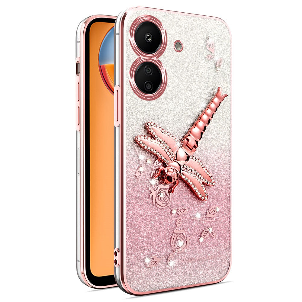 KADEM For Xiaomi Redmi 13C 4G / Poco C65 4G Case Dragonfly Kickstand TPU Flowers Glitter Phone Cover