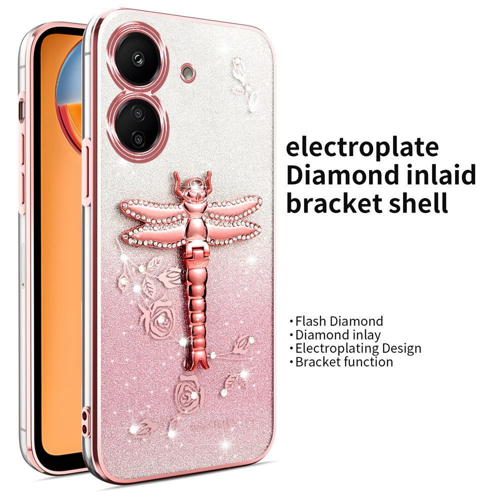 KADEM For Xiaomi Redmi 13C 4G / Poco C65 4G Case Dragonfly Kickstand TPU Flowers Glitter Phone Cover